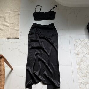 Elegant Black Satin Two Piece Skirt and Bra